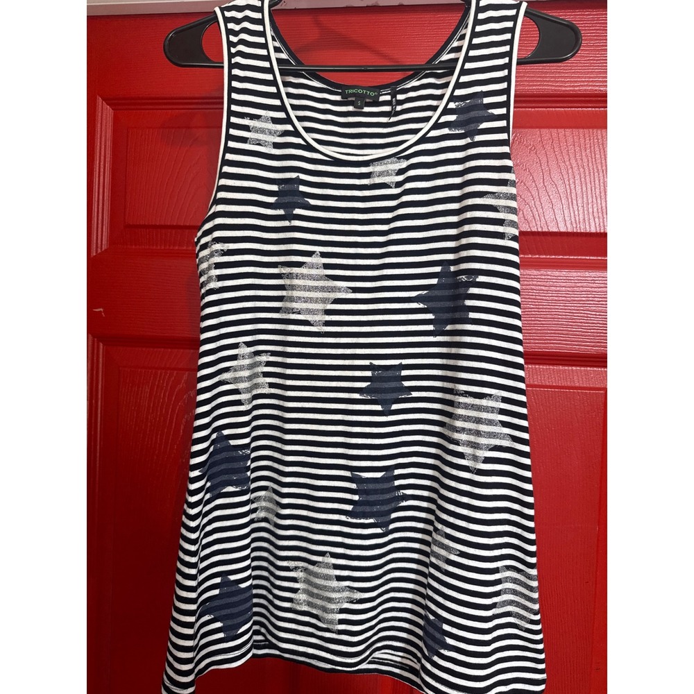 Tricotto Womens Striped Star Tank Top Black White Silver Glitter Sleeveless S